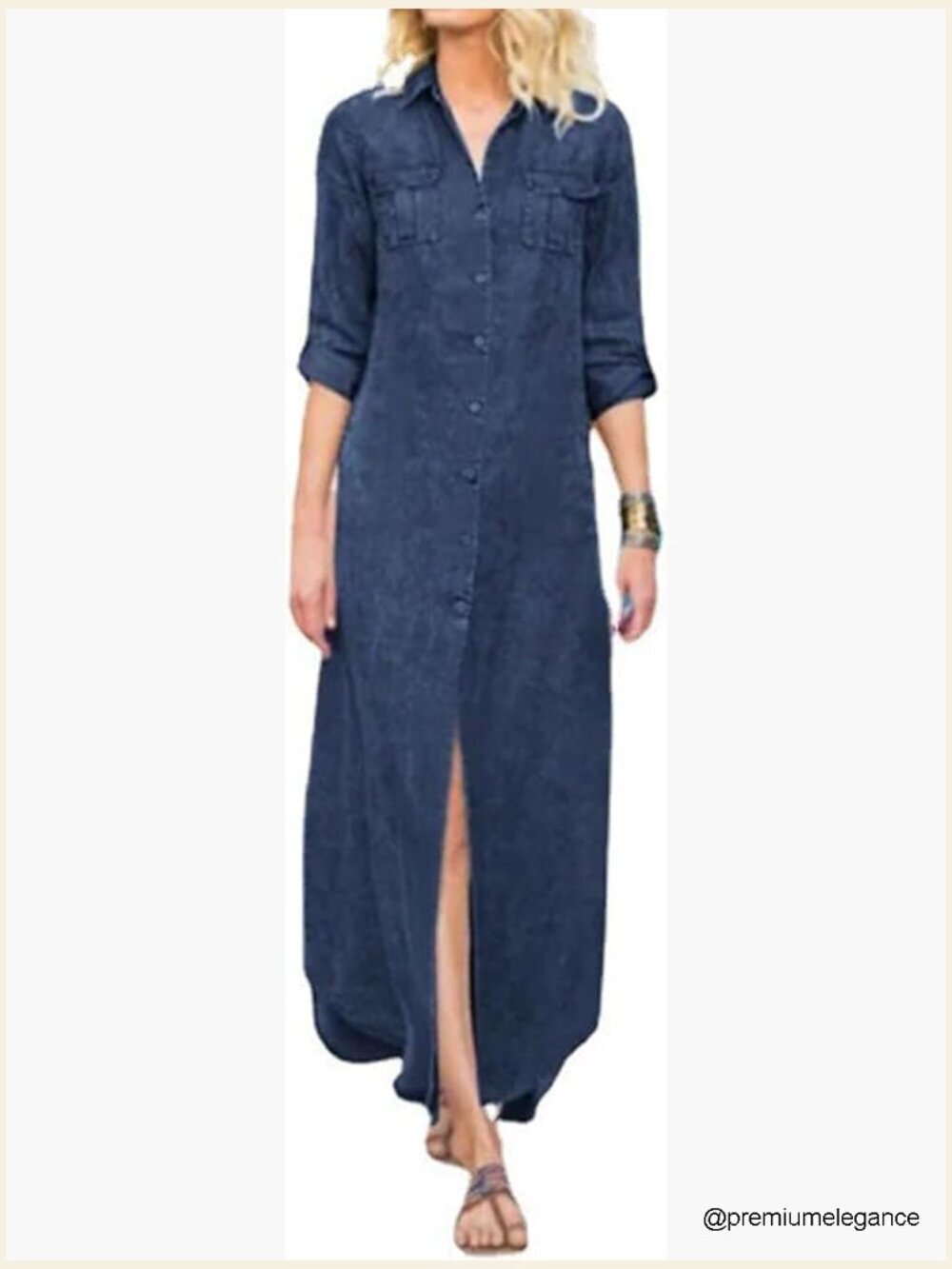 Vintage Denim Shirt Dress Button Down Maxi Long Sleeve Casual